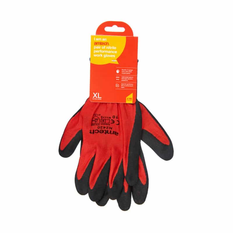 amtech red heavy-duty gloves with hanging tag