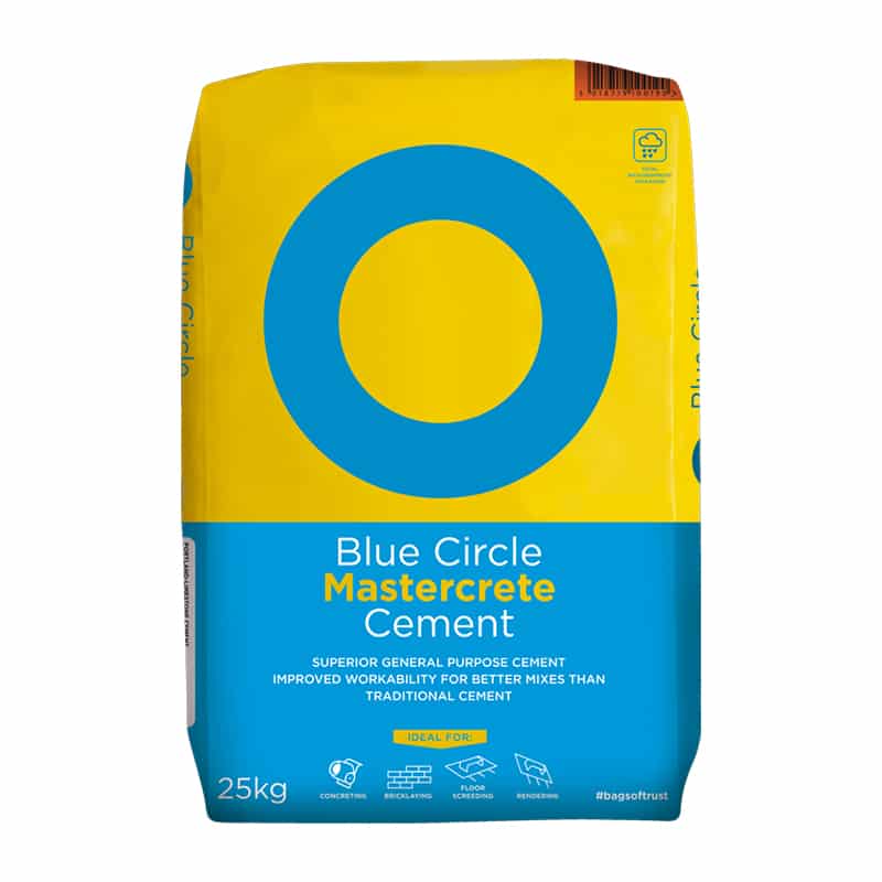 Yellow and Blue Mastercrete Cement 25kg bag with blue circle logo