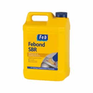 yellow 5l bottle of Everbuild Febond SBR with navy cap and detailing