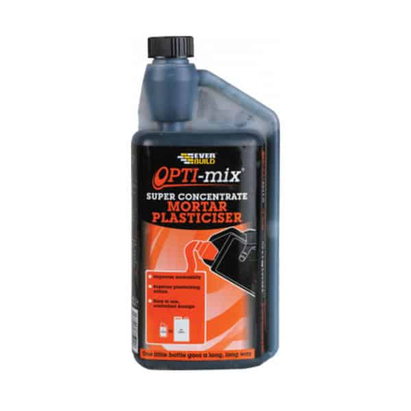 dark grey 1l plastic bottle of Opti-Mix Mortar Plasticiser Concentrate with black cap
