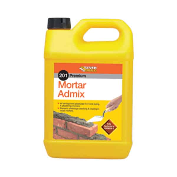 yellow 5l bottle of everbuild 201 mortar admix with black cap