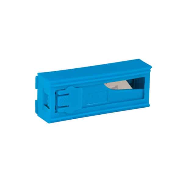 blue plastic safety box with knife blades inside