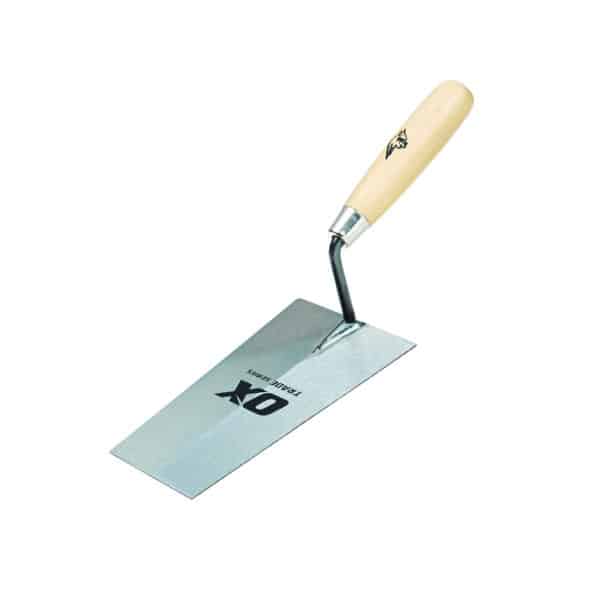 metal brick trowel with square end and wooden handle and 'ox tools' logos