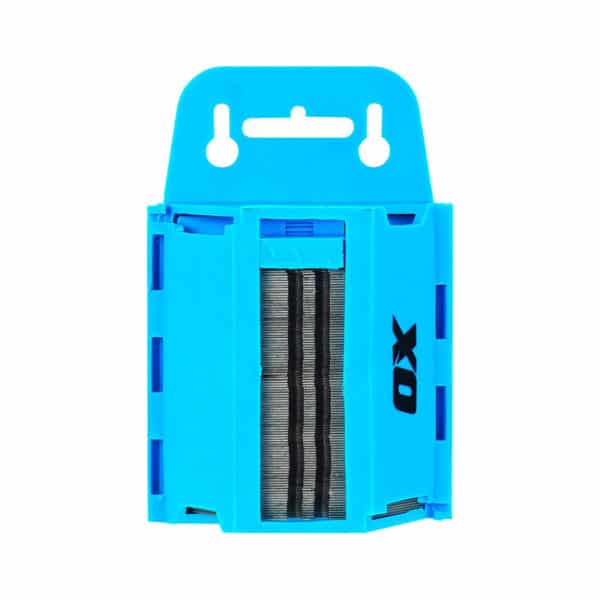 blue plastic safety box with knife blades inside
