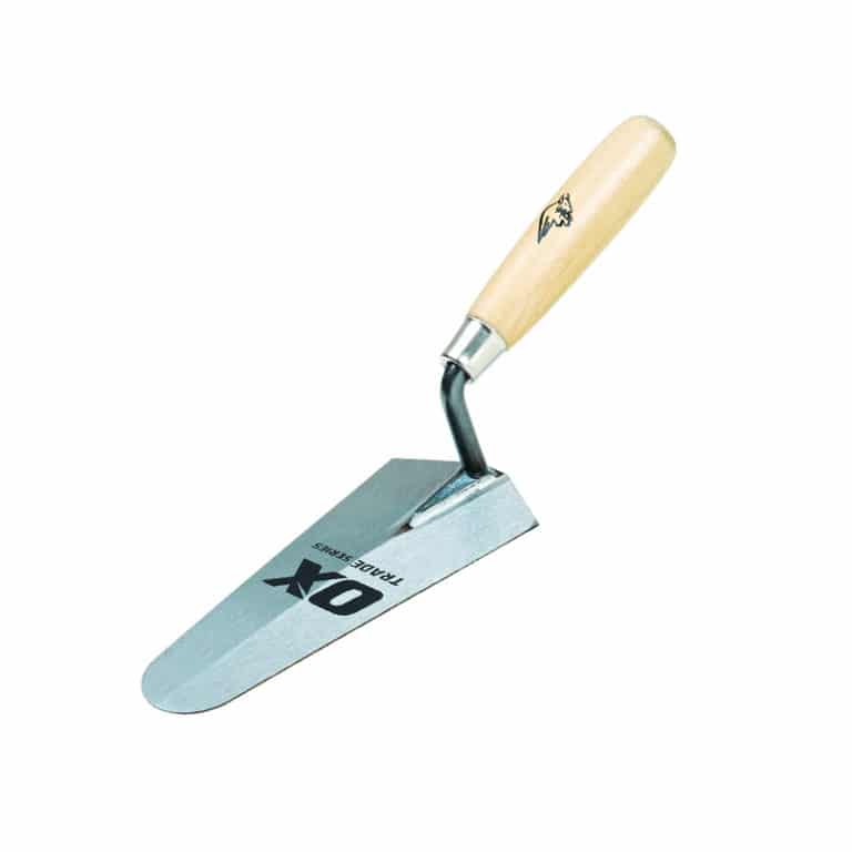 metal brick trowel with rounded end and wooden handle and 'ox tools' logos