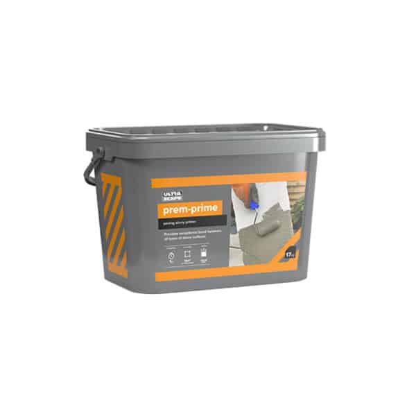 grey bucket of primer with orange labels